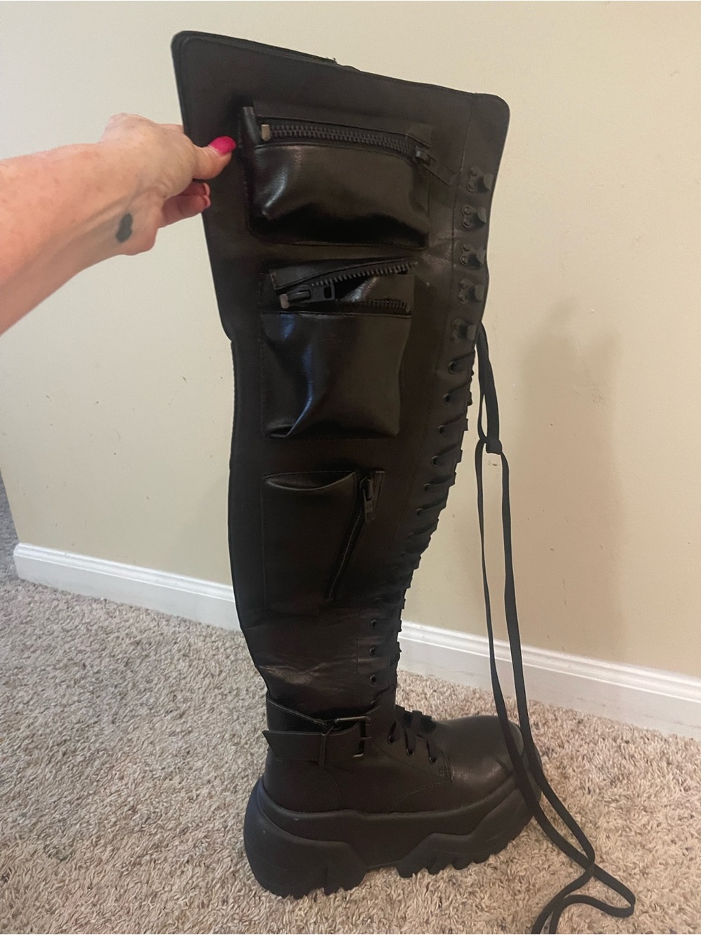 Rare thigh high Current Mood Obsidian pocket platform boots. Size 9. Never worn